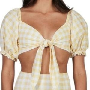 Yellow & White Checkered Charlie Holiday Cropped Tie Up Top